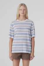 Load image into Gallery viewer, Noor Tee - White &amp; Blue Retro Stripe
